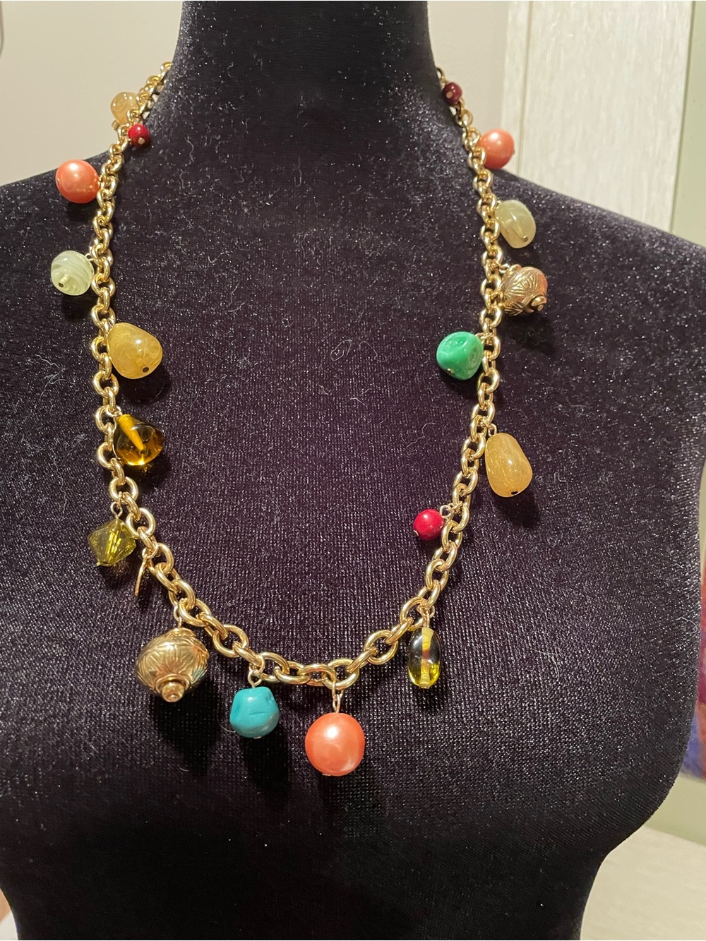 Gold-Tone Chain Necklace with Multicolor Bead Charms